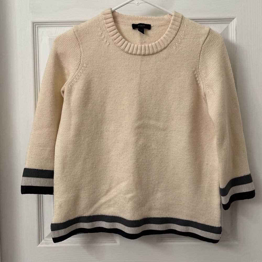 J. Crew Cream and Black Crew Neck 100% Wool Sweater Women’s Size XS